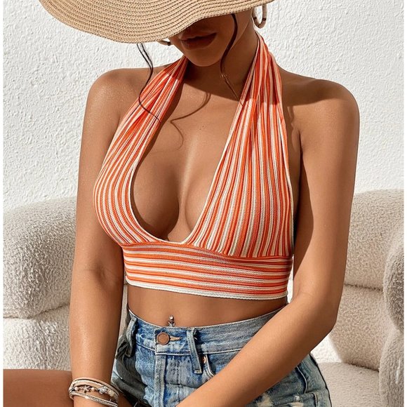 SHEIN | 100% Viscose Textured Striped Halter Knit Top | NWT - Picture 3 of 7